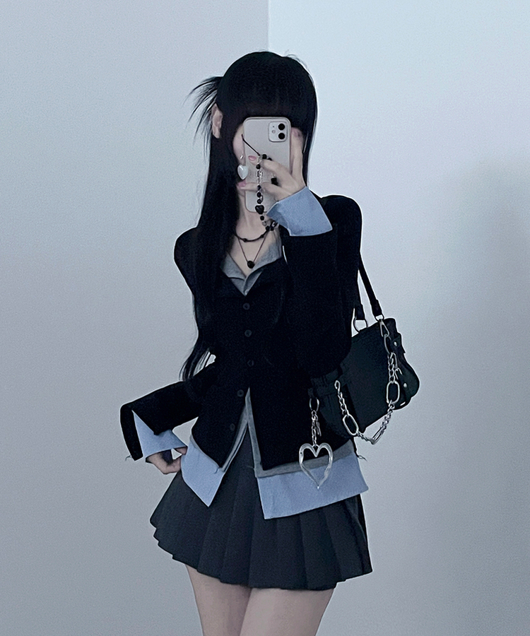 シャツレイヤードカーディガン BLACK