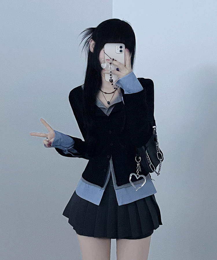 シャツレイヤードカーディガン BLACK