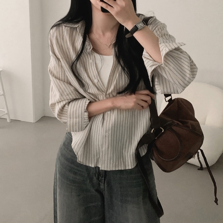 セミクロップストライプベーシックシャツ BEIGE