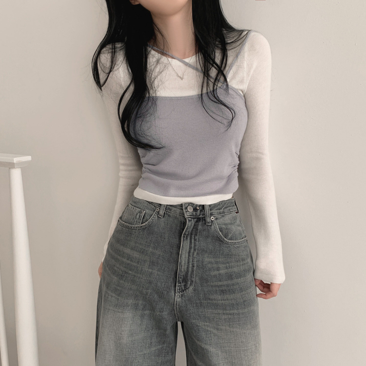 レイヤードビスチェラウンド長袖ニットTシャツ GREY