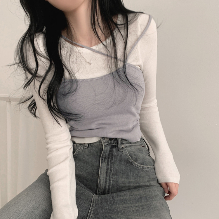 レイヤードビスチェラウンド長袖ニットTシャツ GREY