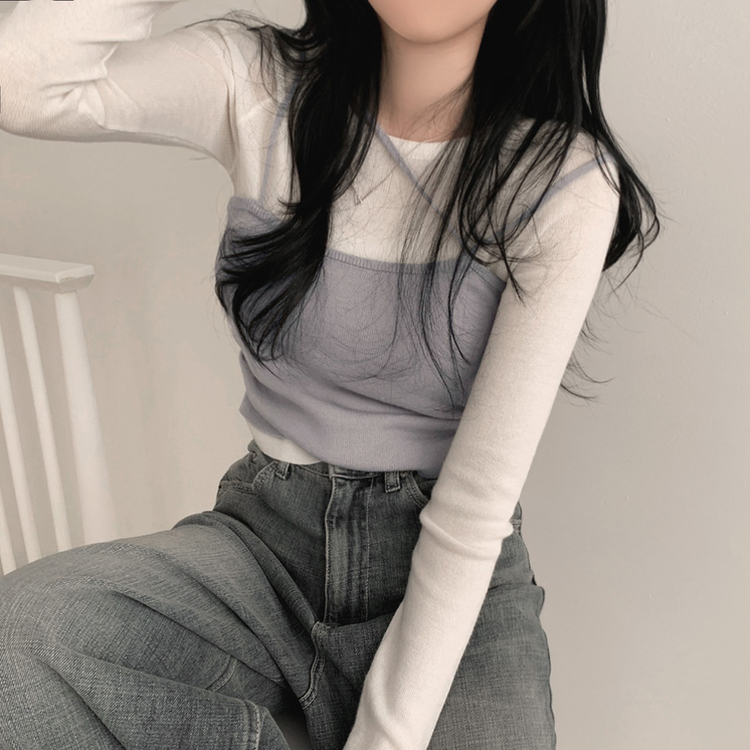 レイヤードビスチェラウンド長袖ニットTシャツ GREY