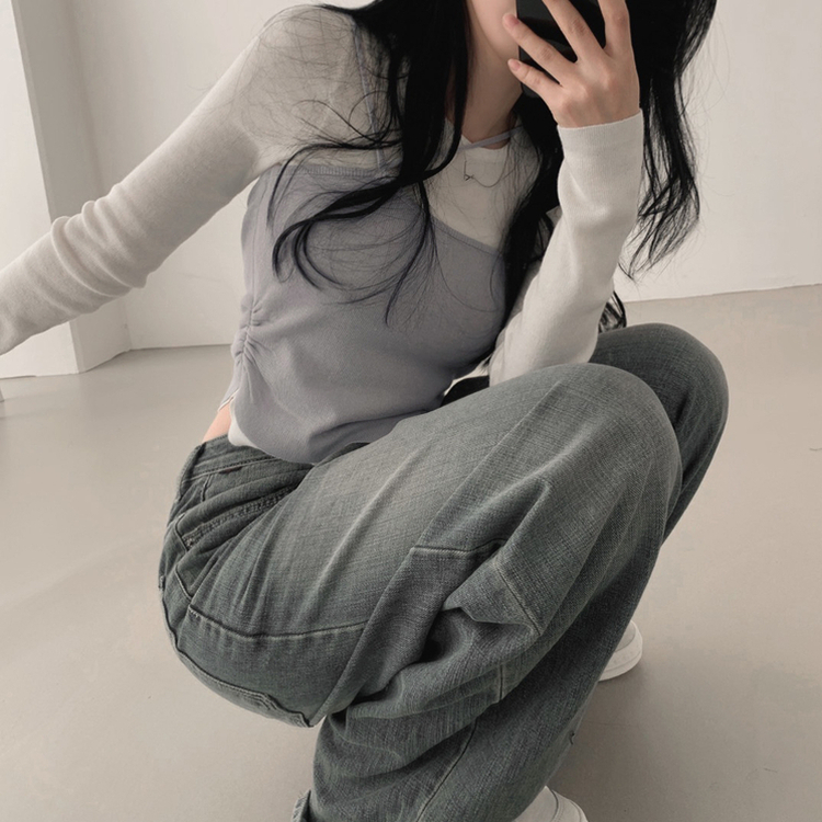 レイヤードビスチェラウンド長袖ニットTシャツ GREY