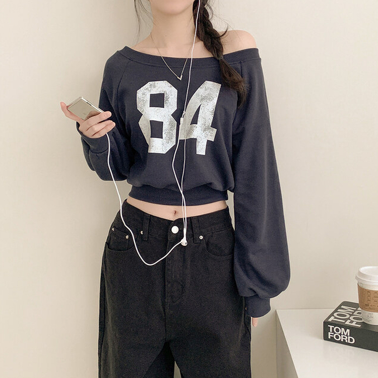 クロップアンバランスオフショルダートレーナー NAVY