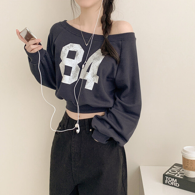 クロップアンバランスオフショルダートレーナー NAVY
