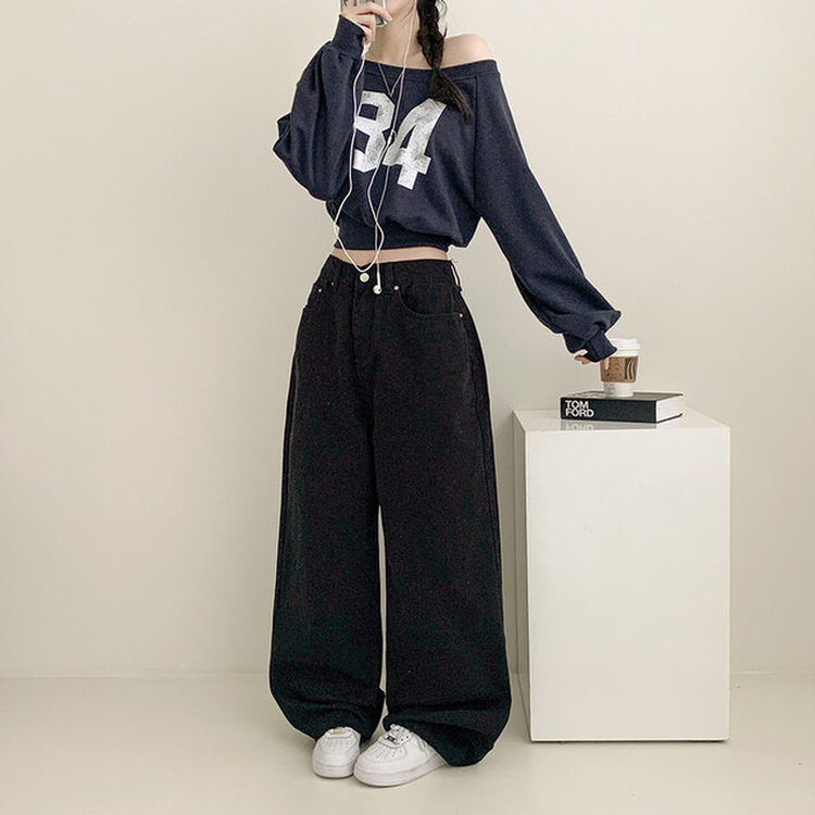クロップアンバランスオフショルダートレーナー NAVY