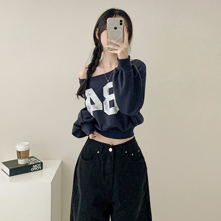 クロップアンバランスオフショルダートレーナー NAVY
