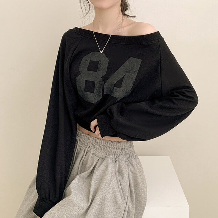 クロップアンバランスオフショルダートレーナー BLACK