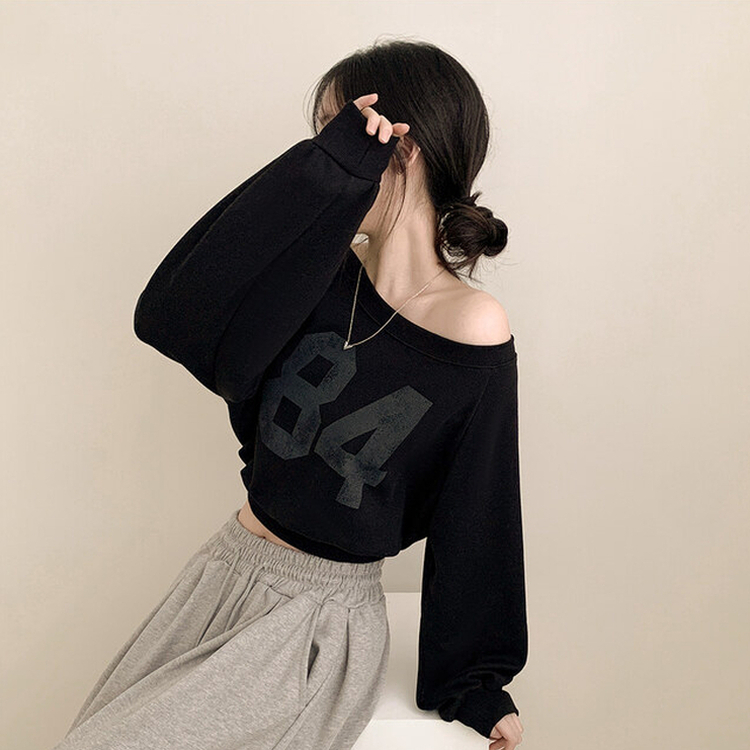 クロップアンバランスオフショルダートレーナー BLACK