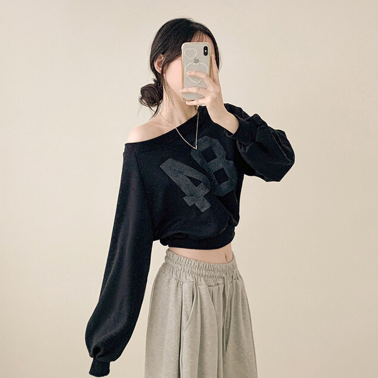クロップアンバランスオフショルダートレーナー BLACK