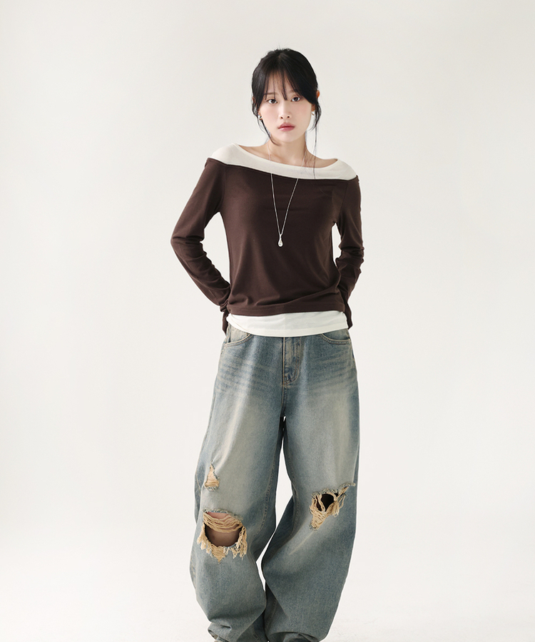 レイヤードスリットTシャツ BROWN