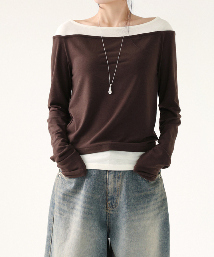 レイヤードスリットTシャツ BROWN