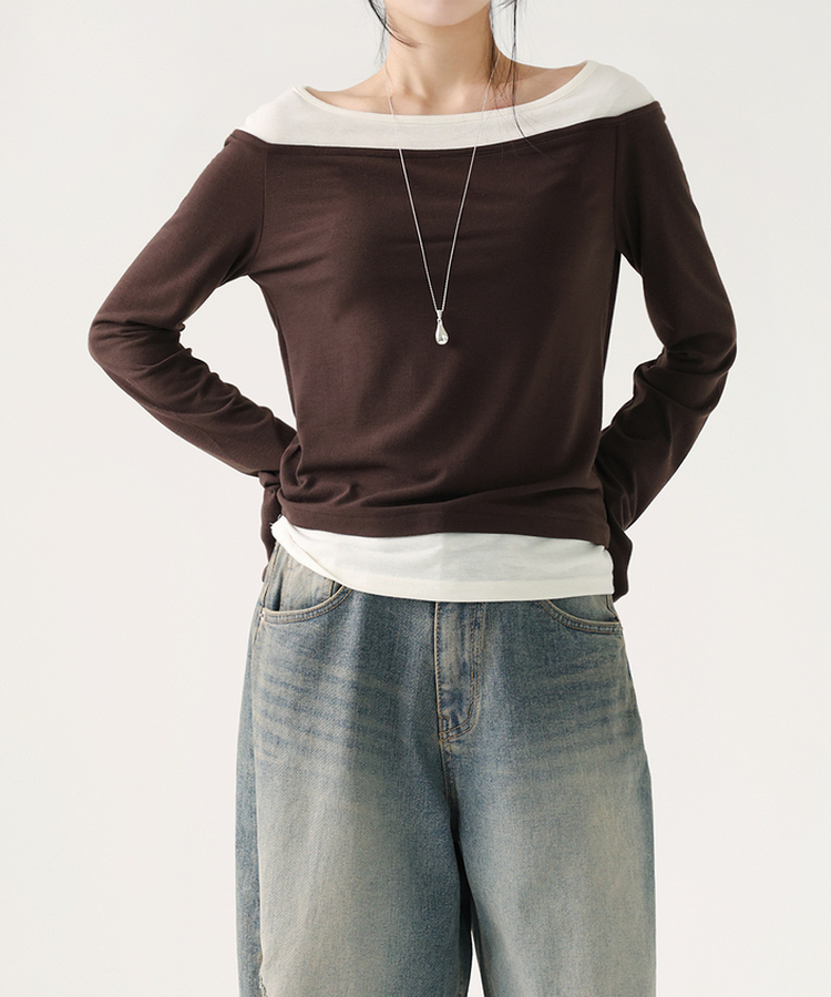 レイヤードスリットTシャツ BROWN