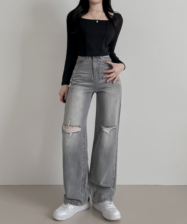 【丈別】ビンテージダメージデニムパンツ(5color) GREY