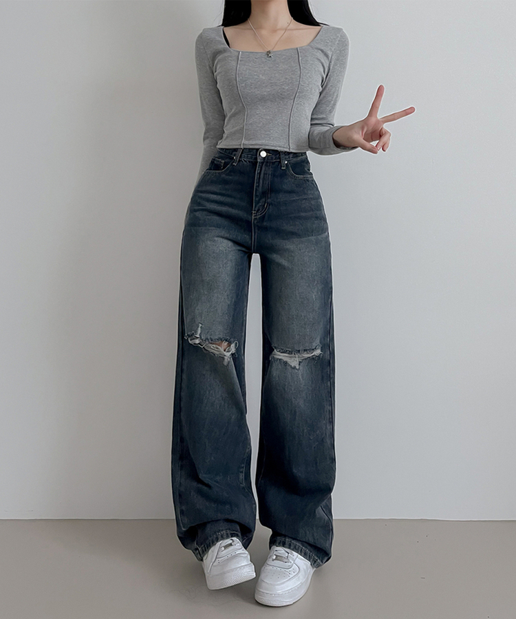 【丈別】ビンテージダメージデニムパンツ(5color) GRAYISH BLUE