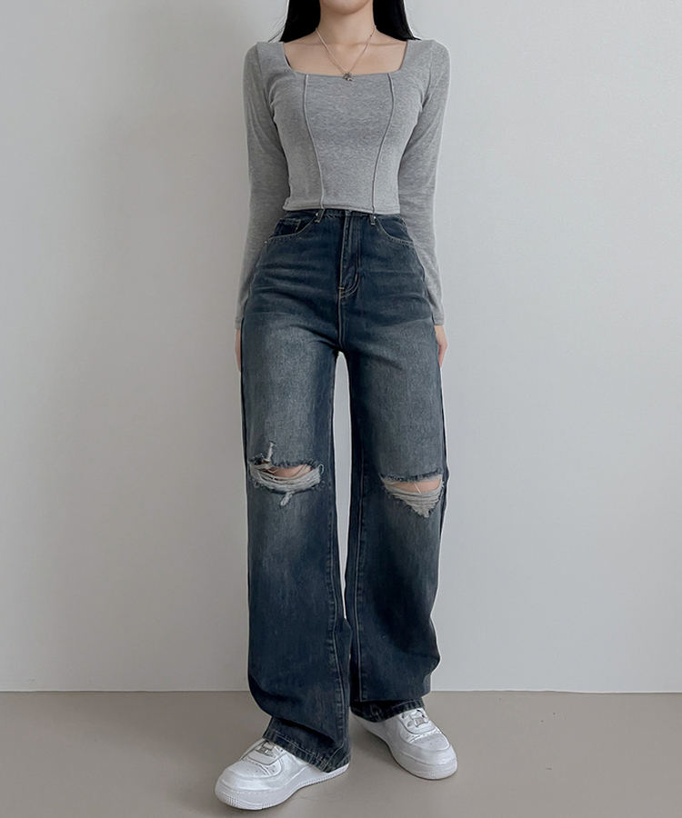 【丈別】ビンテージダメージデニムパンツ(5color) GRAYISH BLUE