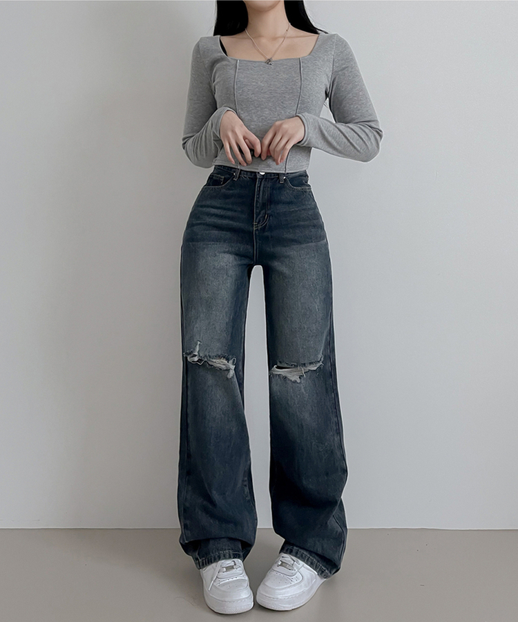 【丈別】ビンテージダメージデニムパンツ(5color) GRAYISH BLUE