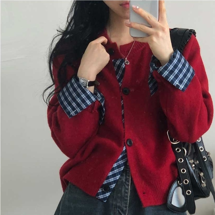 チェックボタンニットカーディガン(5color) RED