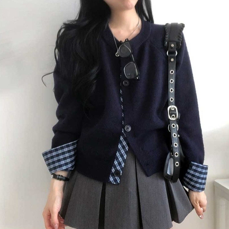 チェックボタンニットカーディガン(5color) NAVY
