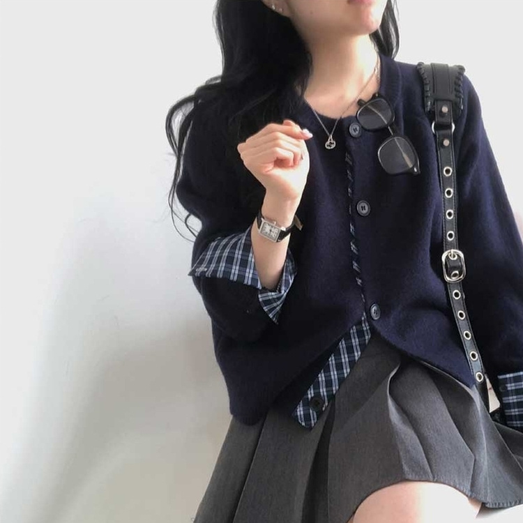 チェックボタンニットカーディガン(5color) NAVY