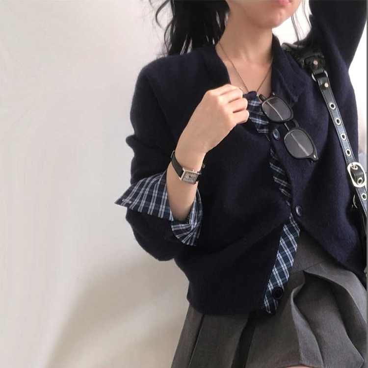 チェックボタンニットカーディガン(5color) NAVY