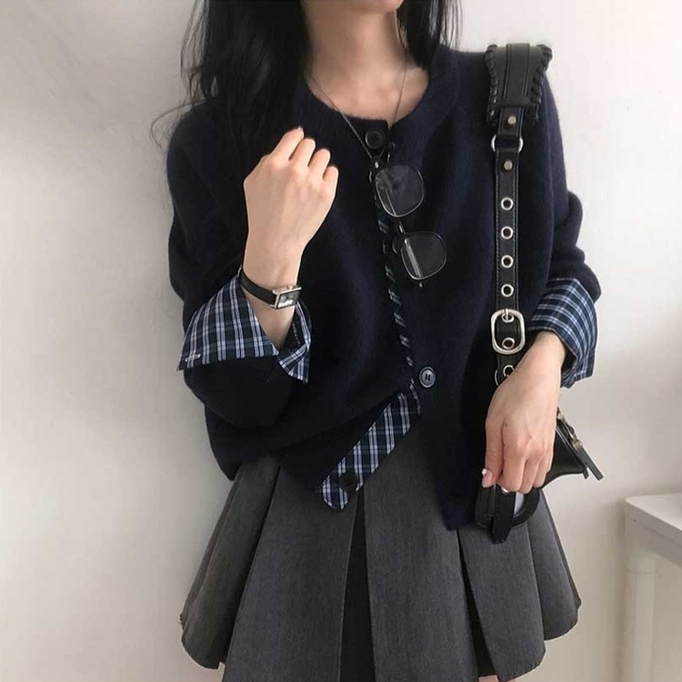 チェックボタンニットカーディガン(5color) NAVY