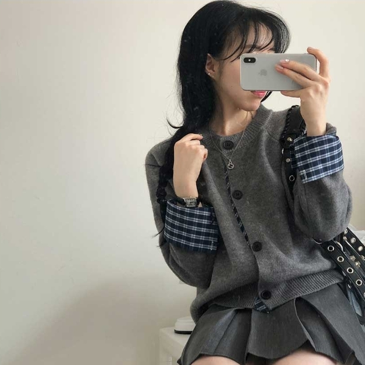 チェックボタンニットカーディガン(5color) GREY