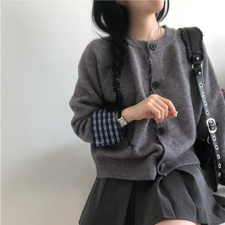 チェックボタンニットカーディガン(5color) GREY