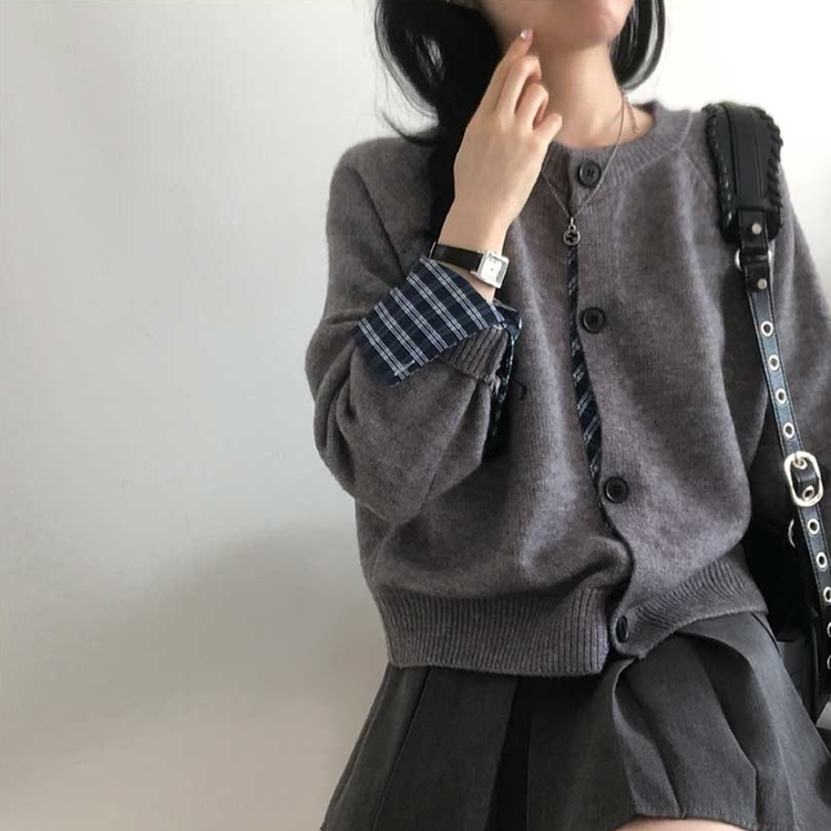 チェックボタンニットカーディガン(5color) GREY