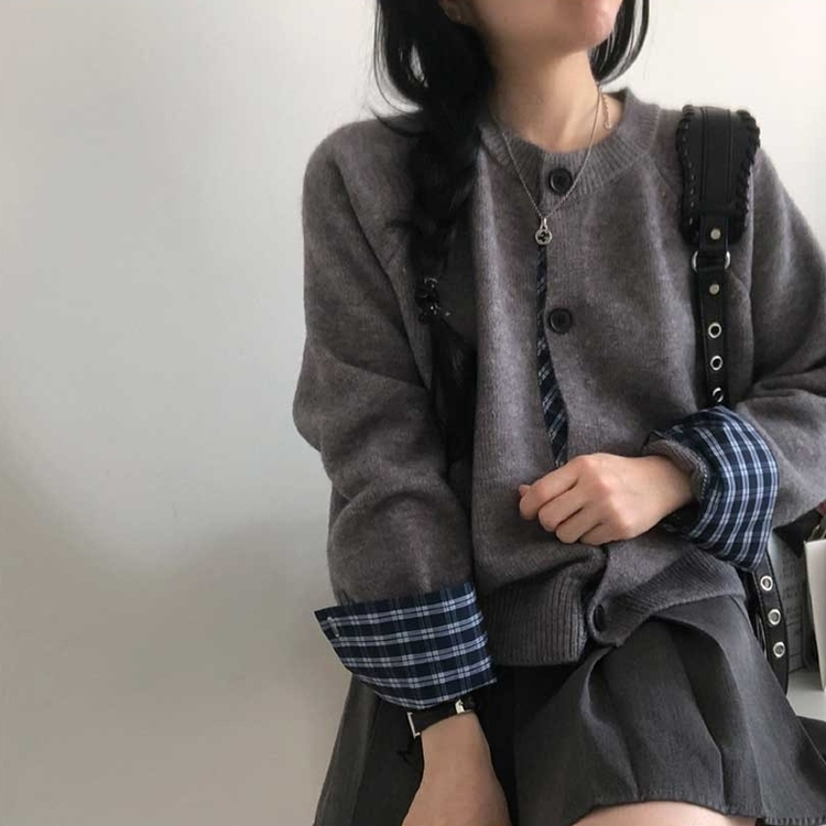 チェックボタンニットカーディガン(5color) GREY