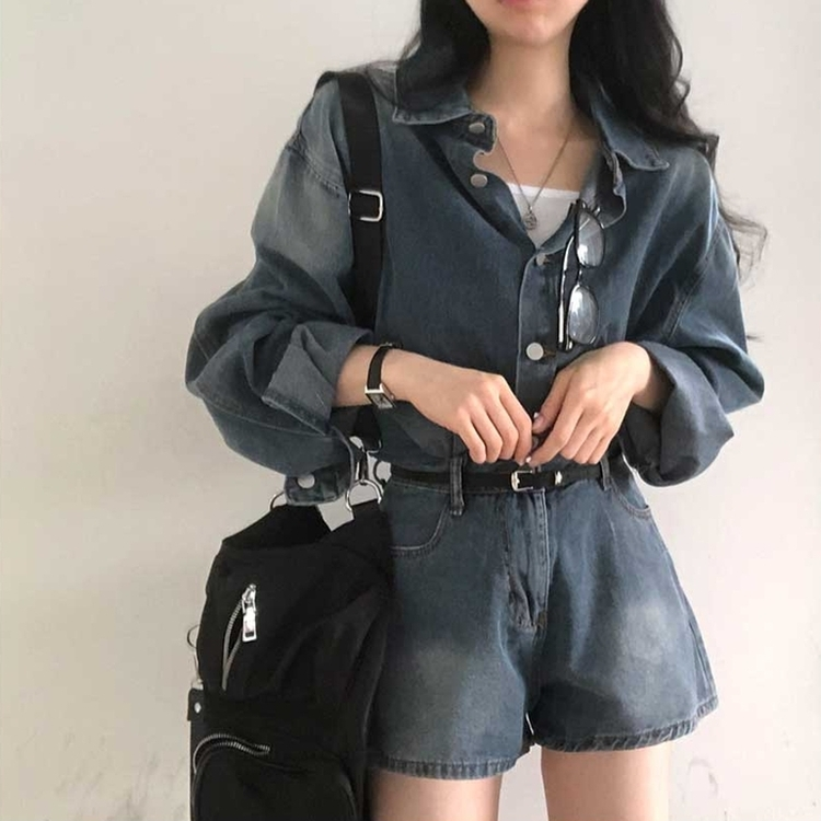 【SET】ウォッシングデニムシャツ 半ズボン DARK DENIM
