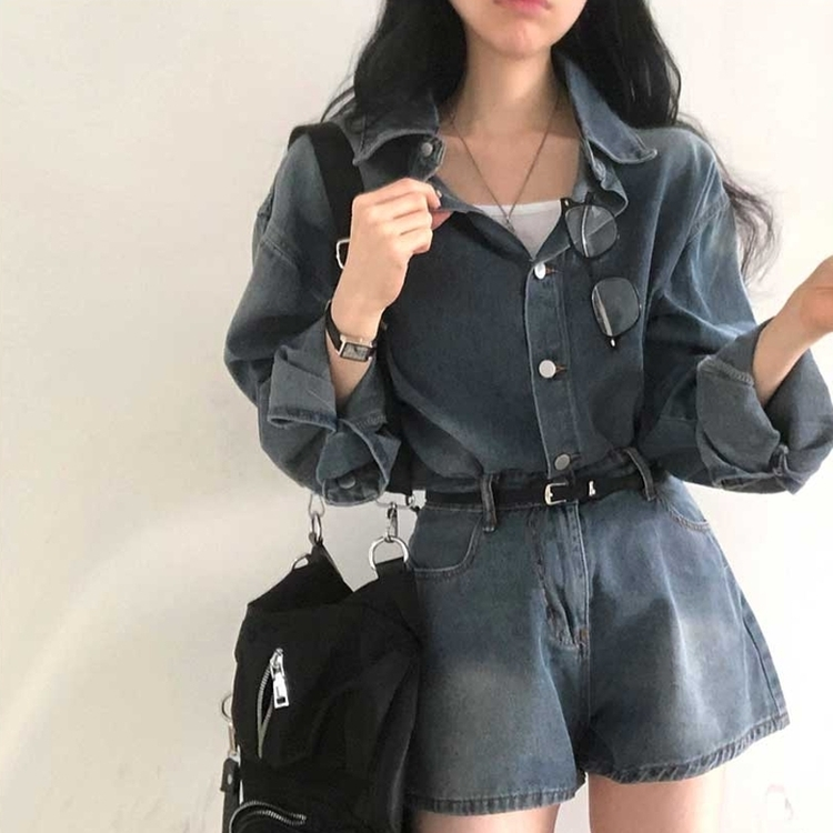 【SET】ウォッシングデニムシャツ 半ズボン DARK DENIM