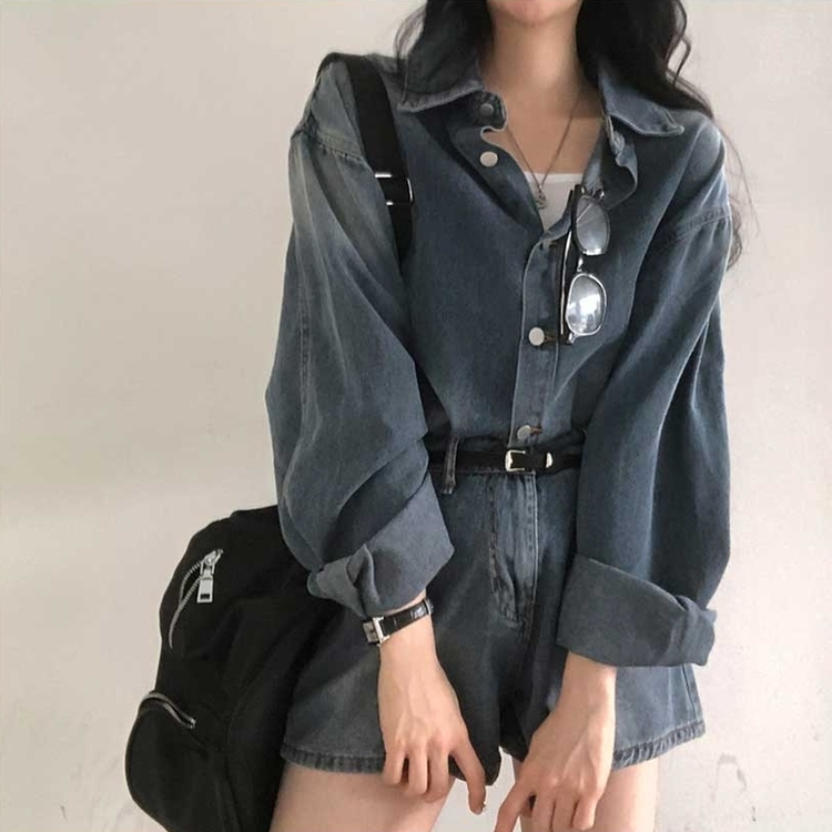 【SET】ウォッシングデニムシャツ 半ズボン DARK DENIM