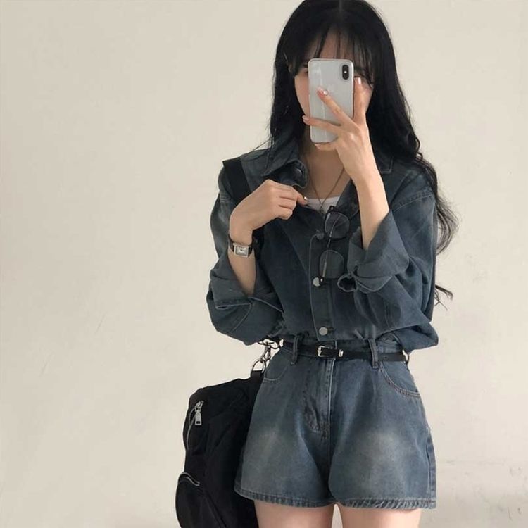【SET】ウォッシングデニムシャツ 半ズボン DARK DENIM