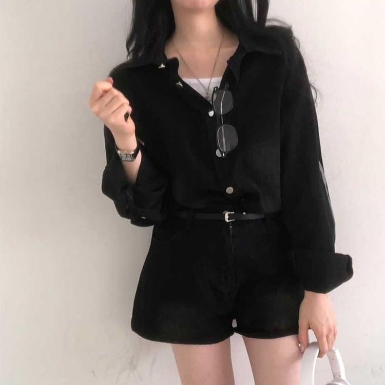 【SET】ウォッシングデニムシャツ 半ズボン BLACK DENIM