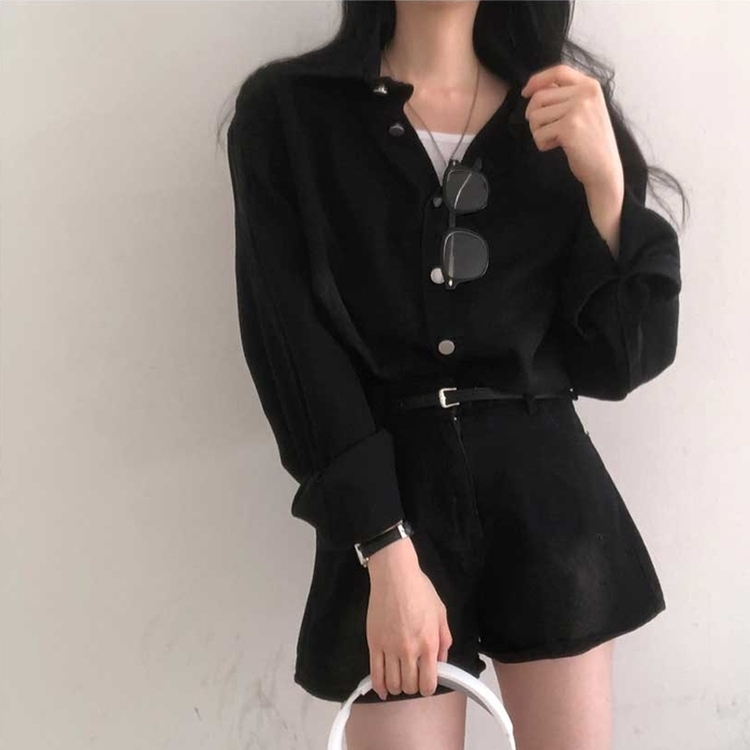 【SET】ウォッシングデニムシャツ 半ズボン BLACK DENIM