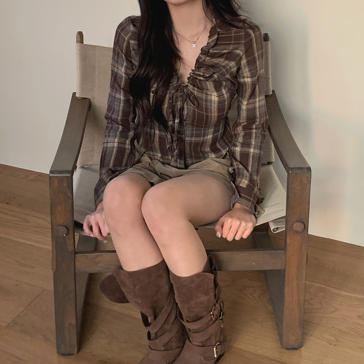 ストリングチェックブラウス BROWN