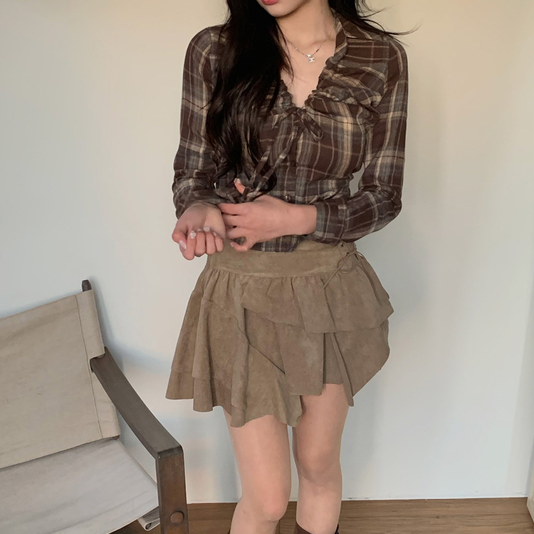 ストリングチェックブラウス BROWN