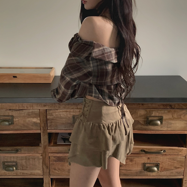 ストリングチェックブラウス BROWN
