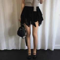 アンバランスレースティアードスカート BLACK