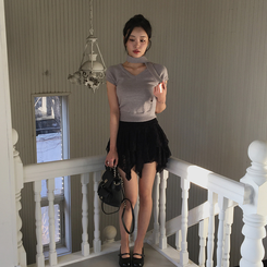 アンバランスレースティアードスカート BLACK