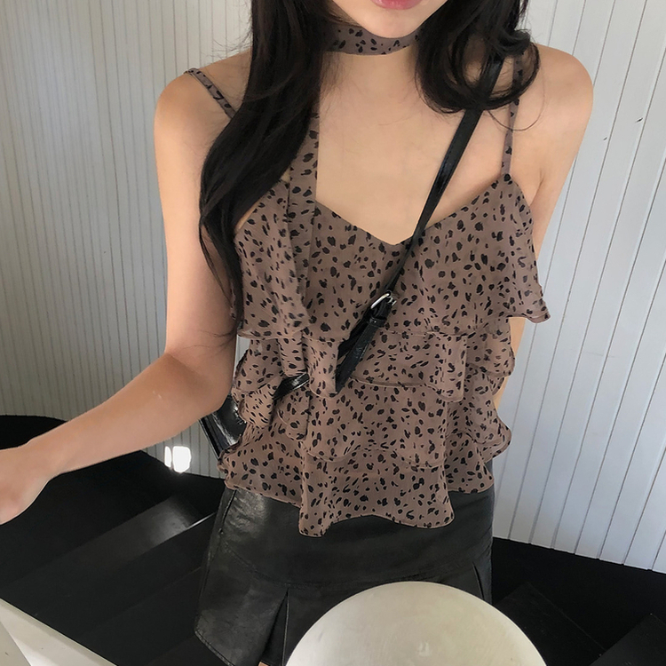 【タイ付き】ヒョウ柄ティアードキャミソールブラウス BROWN