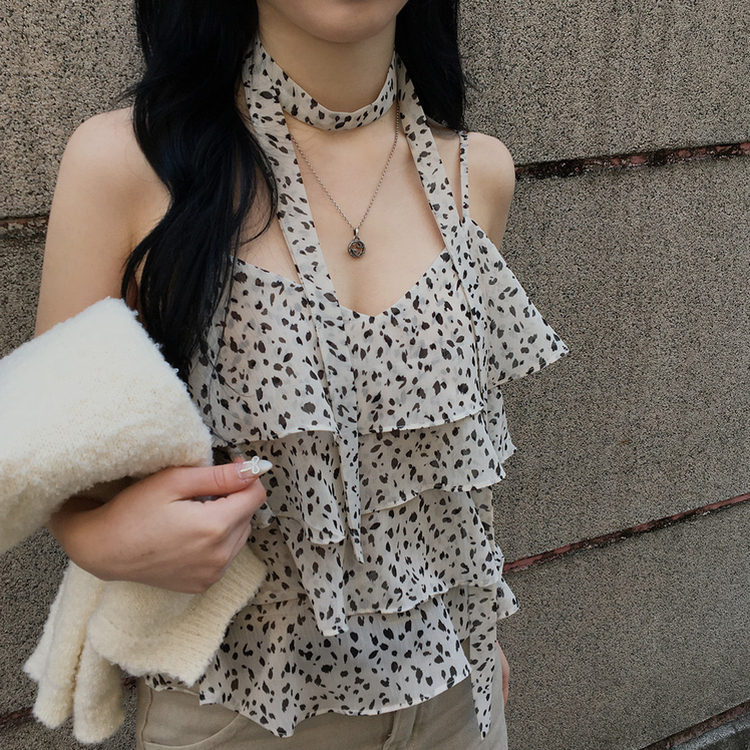 【タイ付き】ヒョウ柄ティアードキャミソールブラウス BEIGE