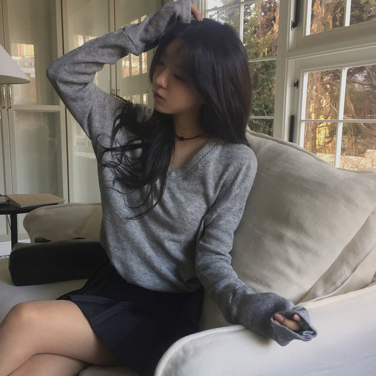 グリーンボタンリブVネックニットニット GREY