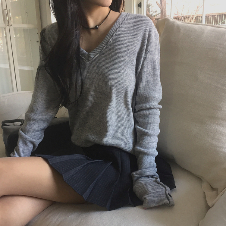 グリーンボタンリブVネックニットニット GREY