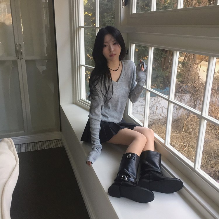 グリーンボタンリブVネックニットニット GREY