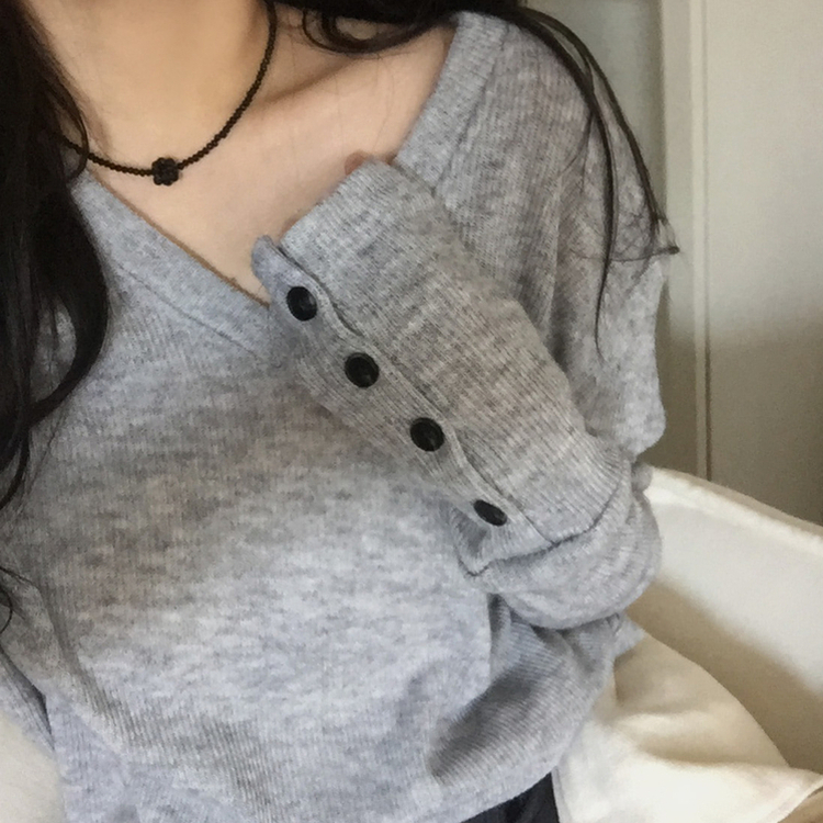 グリーンボタンリブVネックニットニット GREY