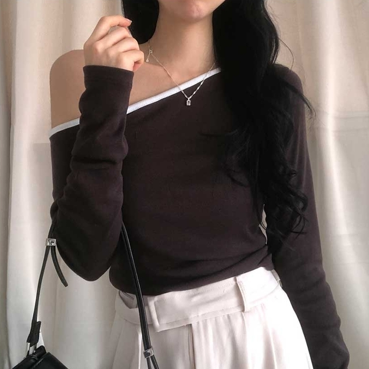 アンバランスワンオフショルダーTシャツ BROWN