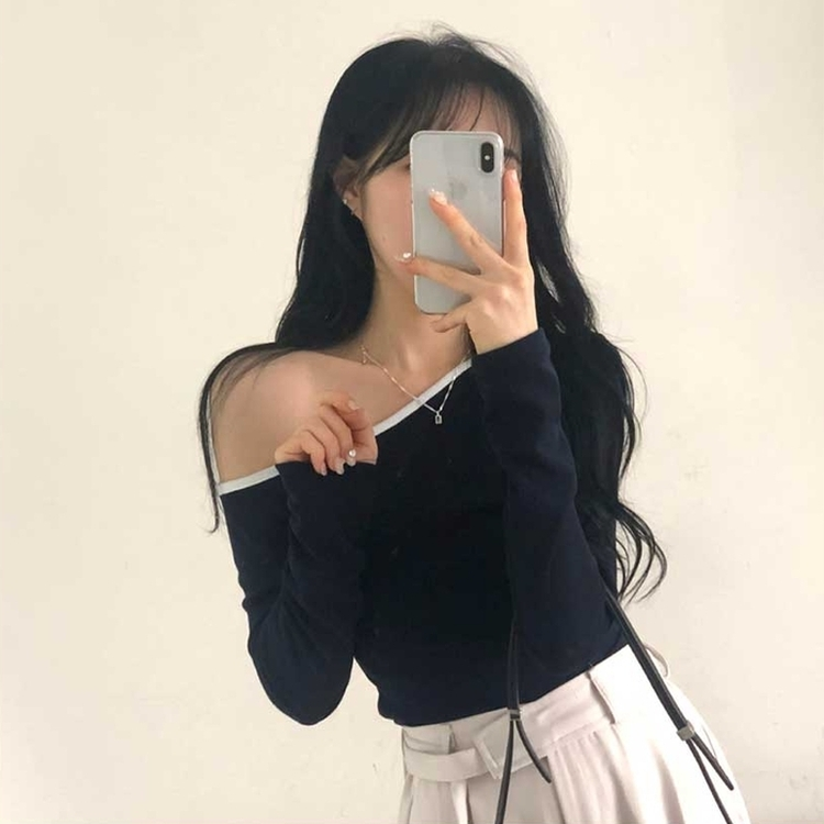 アンバランスワンオフショルダーTシャツ NAVY