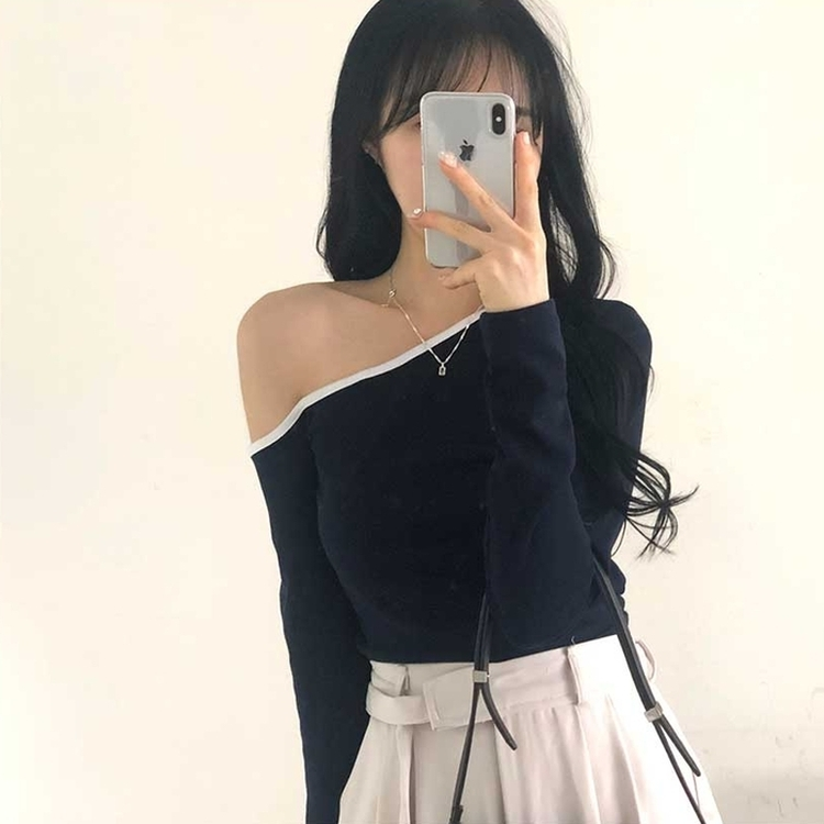 アンバランスワンオフショルダーTシャツ NAVY